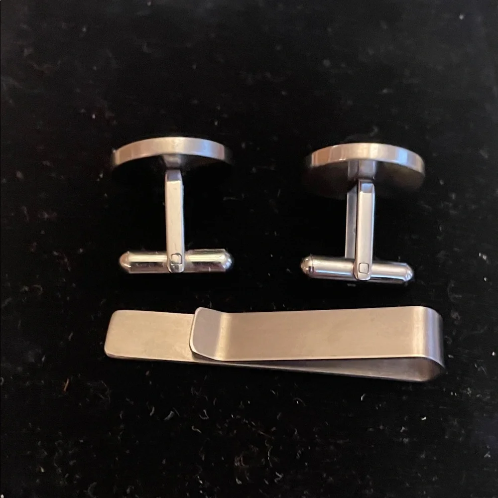 Men's Titanium Blue T-Rex Cufflinks and Tie Clip Set